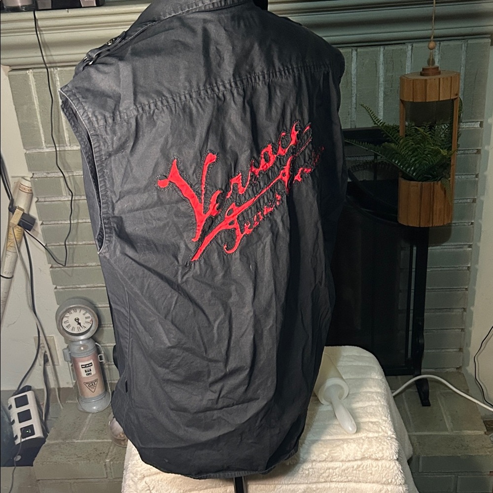 Vintage Versace Men's Black Vest with Red Embroidery